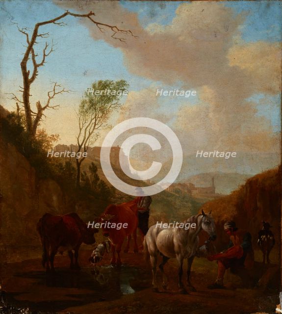 Landscape with Shepherds and Cattle at the Watering Place, 1st half of 18th century. Creator: Unknown.