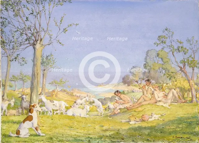 Landscape with Shepherds and Goats, 1931. Artist: Konstantin Somov.