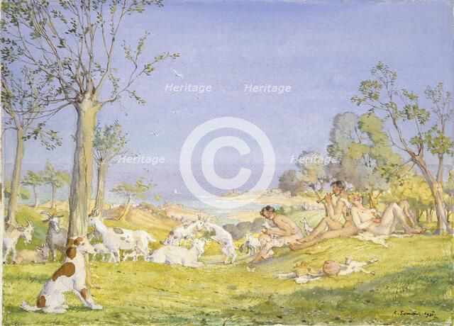 Landscape with Shepherds and Goats, 1931. Artist: Konstantin Somov.