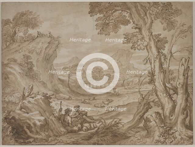 Landscape with Shepherds, c. 1700?. Creator: Domenico I Piola (Italian, 1627-1703).