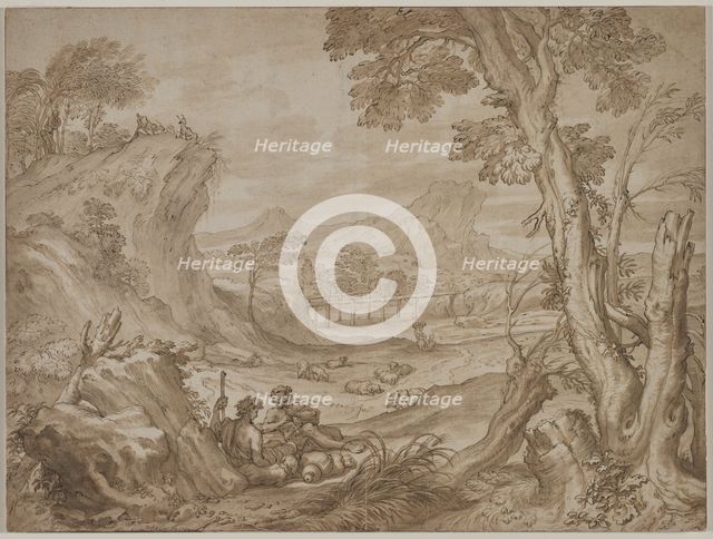 Landscape with Shepherds, c. 1700?. Creator: Domenico I Piola (Italian, 1627-1703).