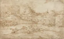 Landscape with Shepherds Driving Away a Wolf, c. 1540. Creator: Domenico Campagnola