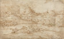 Landscape with Shepherds Driving Away a Wolf, c. 1540. Creator: Domenico Campagnola