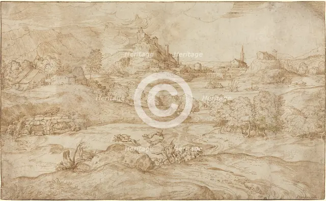 Landscape with Shepherds Driving Away a Wolf, c. 1540. Creator: Domenico Campagnola.