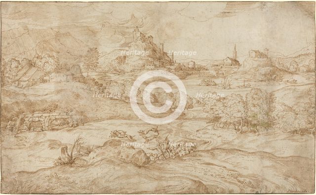 Landscape with Shepherds Driving Away a Wolf, c. 1540. Creator: Domenico Campagnola.