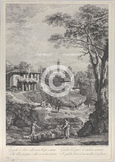 Landscape with shepherds, houses and a tower in the distance, 1760-70. Creator: Fabio Berardi.