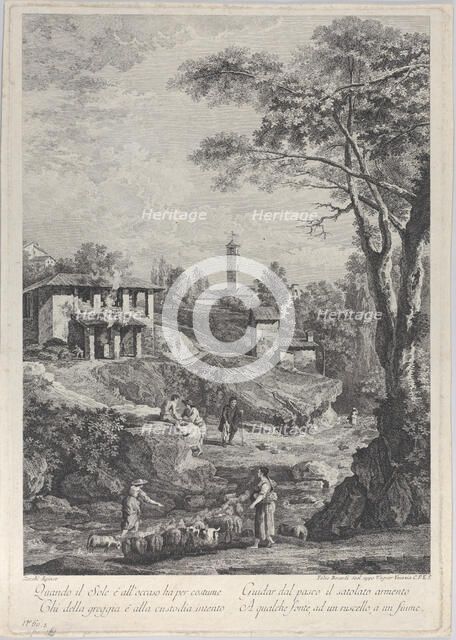 Landscape with shepherds, houses and a tower in the distance, 1760-70. Creator: Fabio Berardi.
