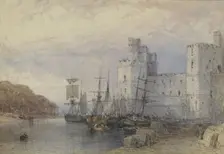 Landscape with ships in front of Caernarvon Castle, 1883. Creator: William Callow