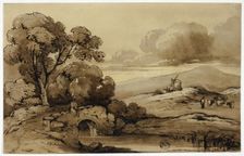 Landscape with Stone Bridge in Foreground and Cows on Hillside, n.d. Creator: James Robertson