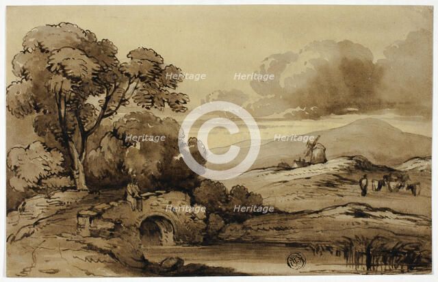 Landscape with Stone Bridge in Foreground and Cows on Hillside, n.d. Creator: James Robertson.