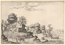 Landscape with peasant dwellings and a man leading a horse in the left foreground, from a ..., 1638. Creator: Ercole Bazicaluva