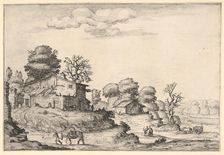 Landscape with peasant dwellings and a man leading a horse in the left foreground, from a ..., 1638. Creator: Ercole Bazicaluva