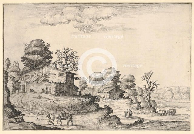 Landscape with peasant dwellings and a man leading a horse in the left foreground, from a ..., 1638. Creator: Ercole Bazicaluva.
