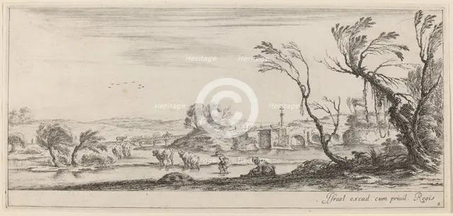 Landscape with Peasant Preparing to Cross a Stream, in or before 1647. Creator: Stefano della Bella.