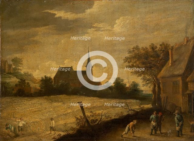 Landscape with Peasants Mowing and Bowling, c1700. Creator: David Teniers II.
