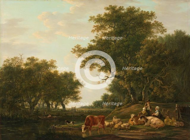 Landscape with Peasants with their Cattle and Anglers on the Water, 1800-1810. Creator: Jacob van Strij.