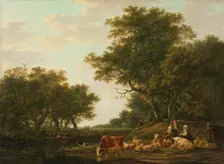 Landscape with Peasants with their Cattle and Anglers on the Water, 1800-1810. Creator: Jacob van Strij