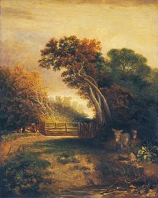 Landscape with Picnickers and Donkeys by a Gate, c. 1830-1880. Creator: Joseph Paul