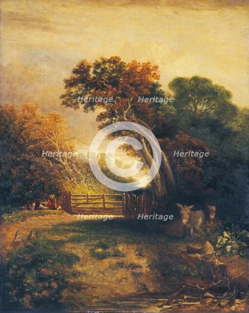 Landscape with Picnickers and Donkeys by a Gate, c. 1830-1880. Creator: Joseph Paul.