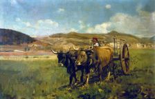 Landscape with plowing cows by Joan Pinós