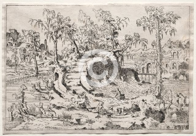 Landscape with Putti, c. 1550. Creator: Léon Davent (French).