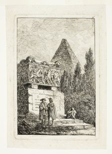 Landscape with Pyramid and Sarcophagus, plate six from Les Soirées de Rome, 1763/64. Creator: Hubert Robert