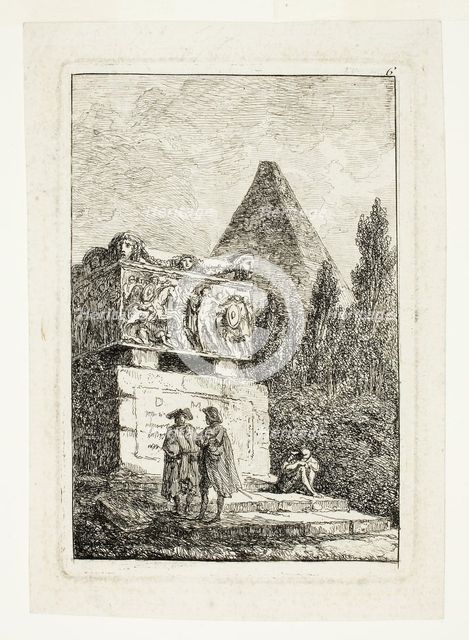 Landscape with Pyramid and Sarcophagus, plate six from Les Soirées de Rome, 1763/64. Creator: Hubert Robert.