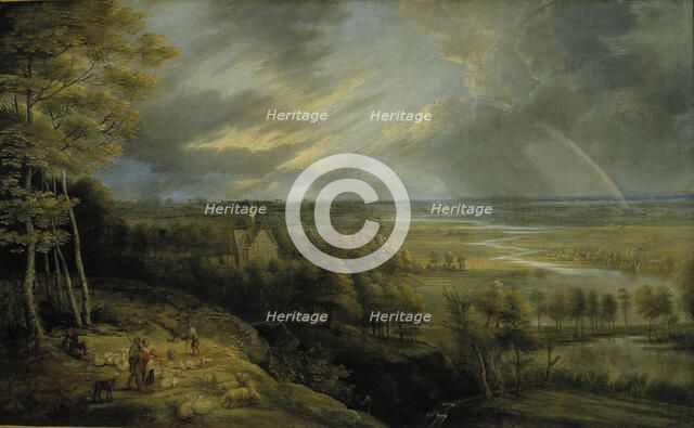 Landscape with rainbow, shepherds and sheep, 1648. Creator: Lucas van Uden.