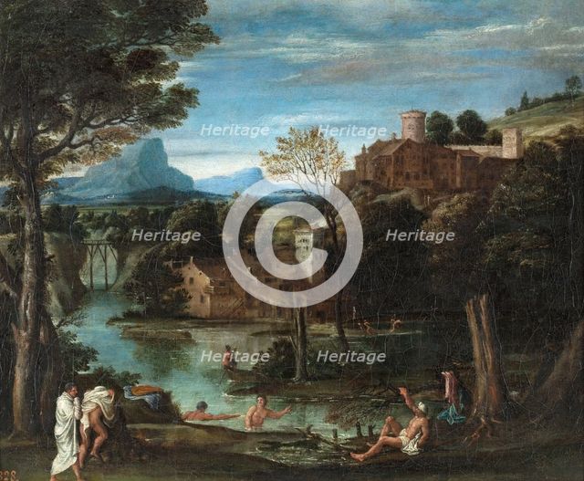 Landscape with river and bathers, 16th century. Creator: Annibale Carracci.