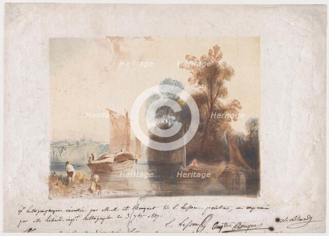 Landscape with River and Boats, 1837. Creators: Emile Aubert Lessore, Auguste Bouquet.