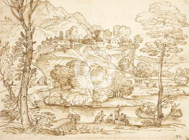 Landscape with River and Figures, between 1600 and 1699. Creator: Giovanni Francesco Grimaldi.