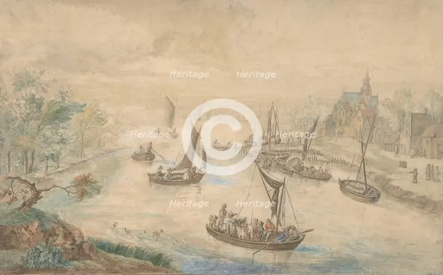 Landscape with River in the Center, with Ferryboat, 18th century (?). Creator: Anon.