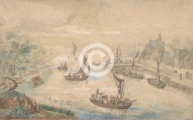 Landscape with River in the Center, with Ferryboat, 18th century (?). Creator: Anon.