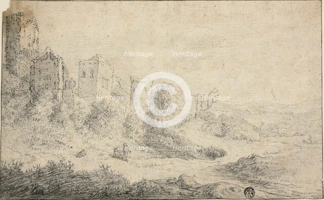 Landscape with Ruined Castle and Three Figures, 1664. Creator: Pieter Molijn.
