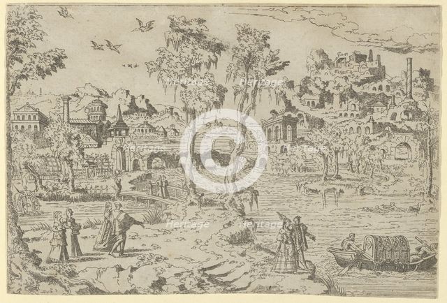 Landscape with ruins, courtiers, and a gondola, 1526-50. Creator: Leon Davent.
