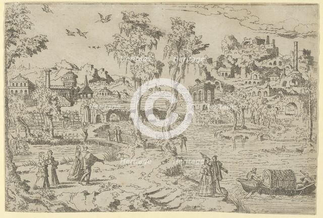 Landscape with ruins, courtiers, and a gondola, 1526-50. Creator: Leon Davent.