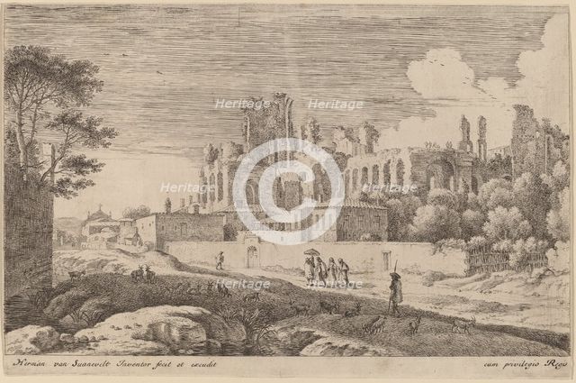 Landscape with Ruins and a Woman with a Parasol. Creator: Herman van Swanevelt.