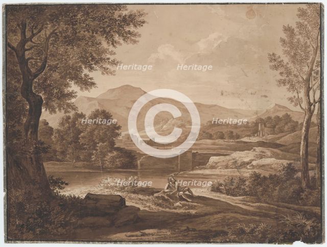 Landscape with ruins and figurative staff, around 1800. Creator: Unknown.