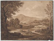 Landscape with ruins and figurative staff, around 1800. Creator: Unknown