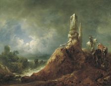Landscape with ruins and riders in the moonlight, 1771. Creator: Johann Christian Brand