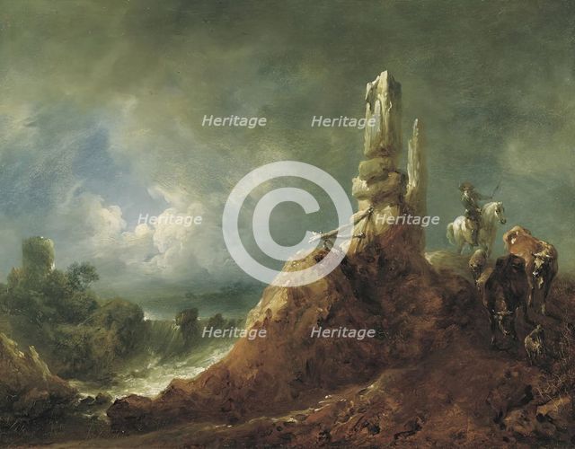 Landscape with ruins and riders in the moonlight, 1771. Creator: Johann Christian Brand.