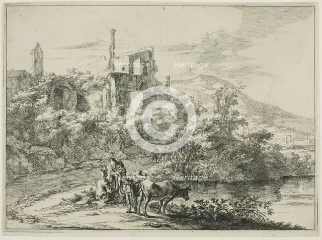 Landscape with Ruins and Two Cows at the Waterside, from a series of four horizontal..., 1645/50. Creator: Jan Dirksz Both.