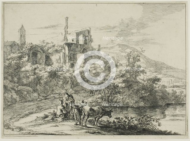 Landscape with Ruins and Two Cows at the Waterside, from a series of four horizontal..., 1645/50. Creator: Jan Dirksz Both.