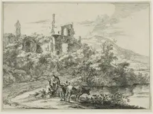 Landscape with Ruins and Two Cows at the Waterside, from a series of four horizontal..., 1645/50. Creator: Jan Dirksz Both