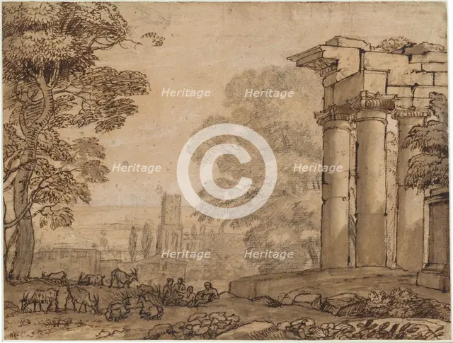Landscape with Ruins, Pastoral Figures, and Trees, c. 1650. Creator: Claude Lorrain.