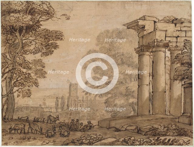 Landscape with Ruins, Pastoral Figures, and Trees, c. 1650. Creator: Claude Lorrain.