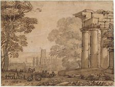 Landscape with Ruins, Pastoral Figures, and Trees, c. 1650. Creator: Claude Lorrain