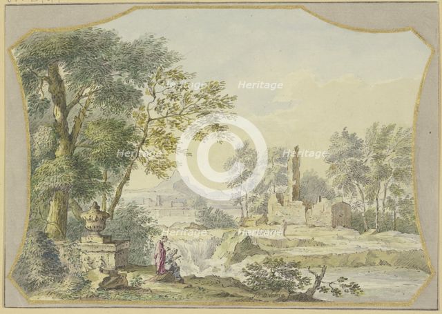 Landscape with ruins; to the left, by a vase under trees, two figures, 1764. Creator: Jacob van de Velde.