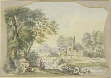 Landscape with ruins; to the left, by a vase under trees, two figures, 1764. Creator: Jacob van de Velde
