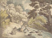 Landscape with rushing stream and a couple on the bank, frightened by a snake, 1775-1827. Creator: Thomas Rowlandson